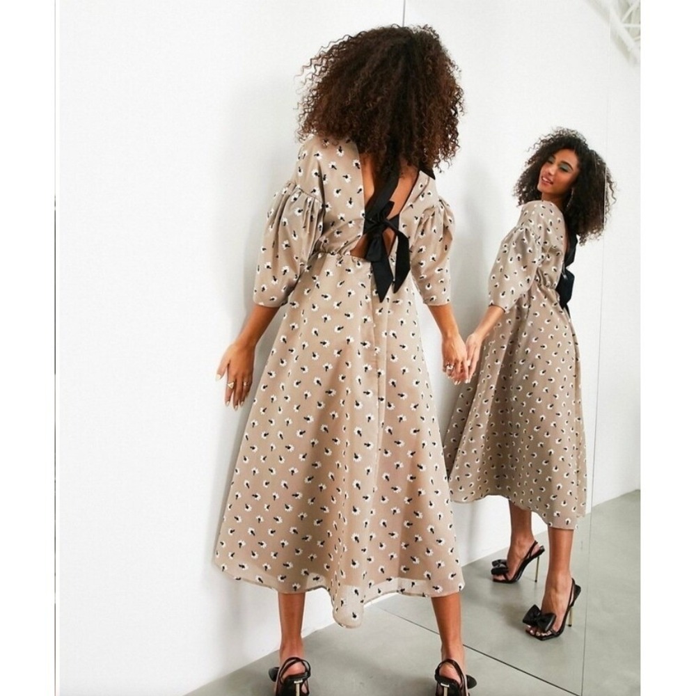 NEW ASOS EDITION Floral Embroidered Open Bow Back Midi Dress Taupe Black Size 0